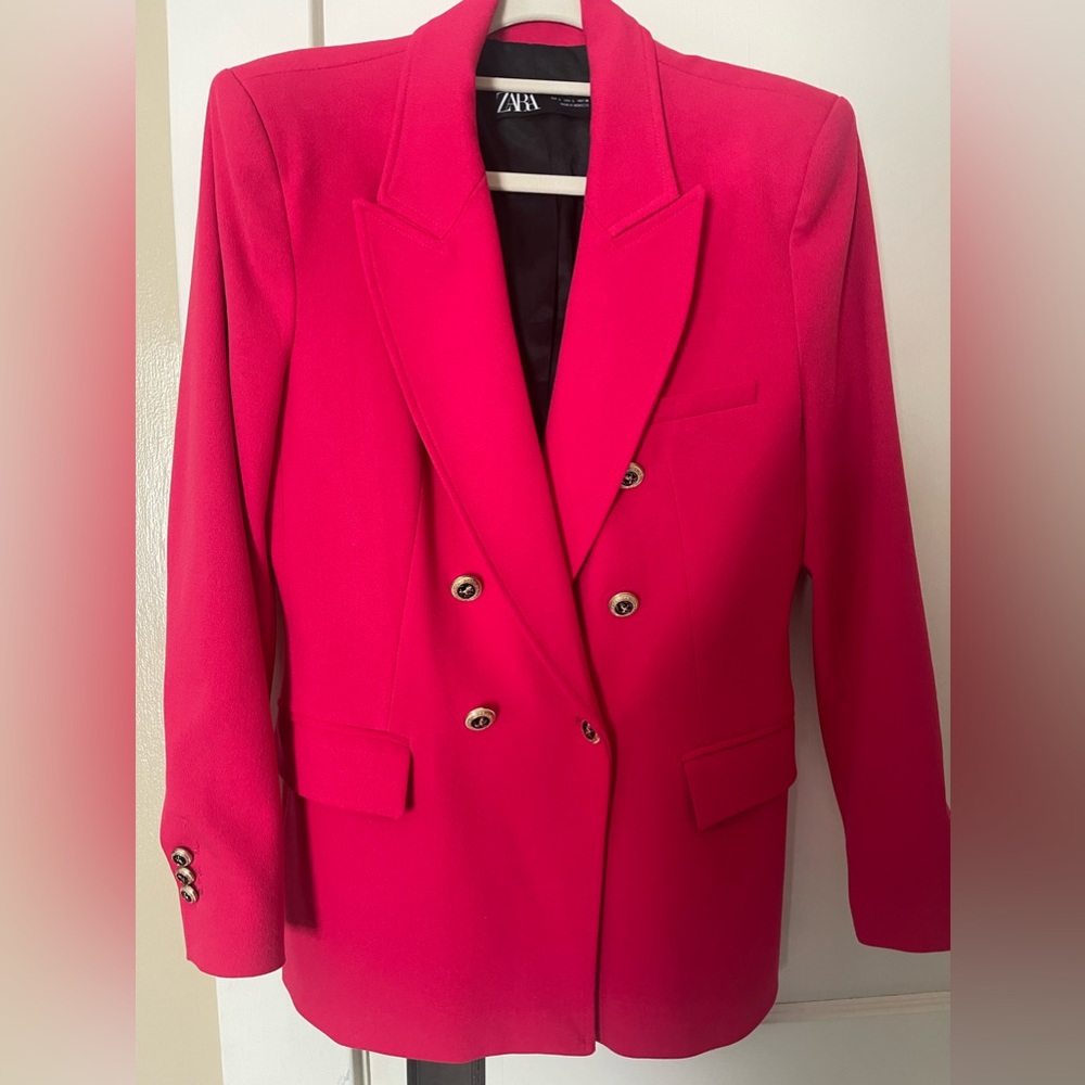Zara fuchsia blazer size L fitted structured double breasted shoulder pads